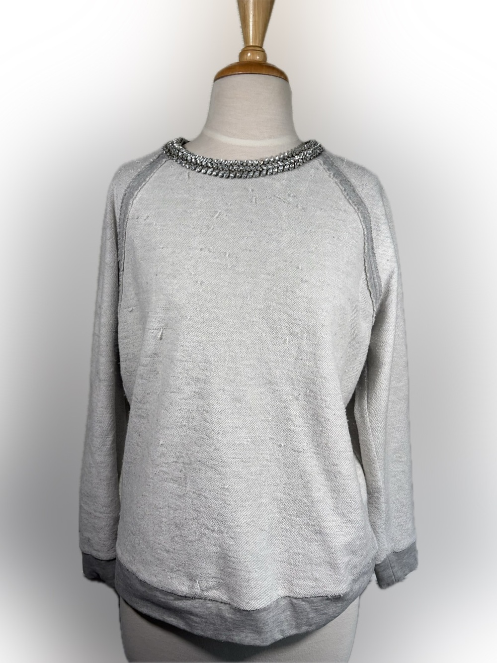 Haute Hippie Silver Gray Jeweled-Neck Sweatshirt